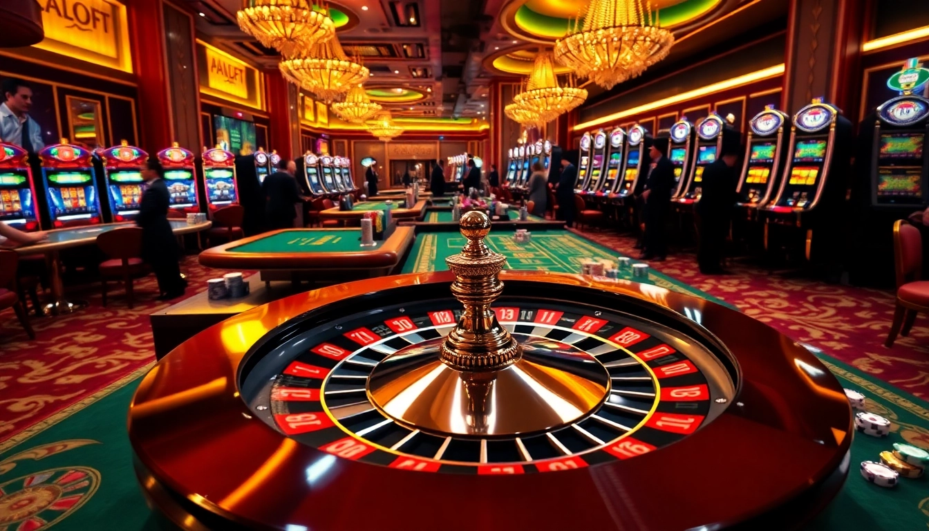 Experience thrilling gameplay at 8kbet, featuring luxurious casino tables and exciting slot machines.