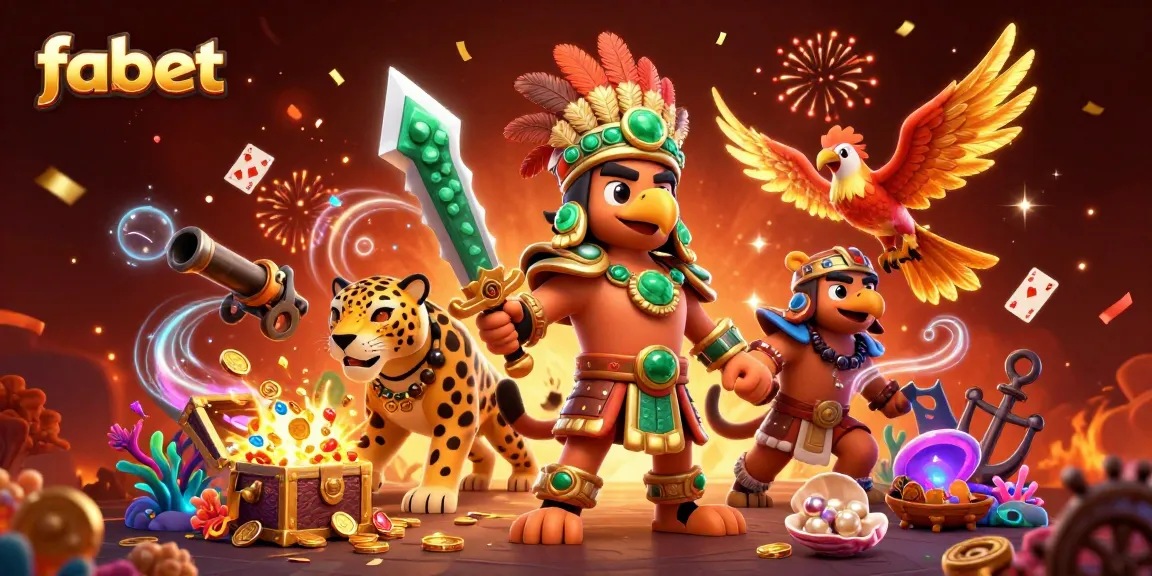 Experience winnings at fabet with vibrant Aztec warriors among sparkling treasures in this captivating illustration.