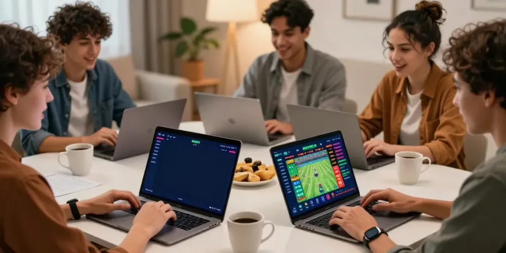 Excited users engaging with the FABET betting platform, showcasing sports betting on multiple devices.