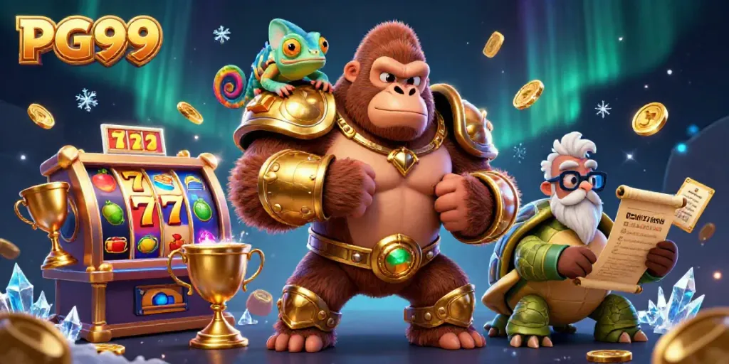 Engage in exciting slots action with PG99, featuring a playful gorilla, chameleon, and tortoise in a vibrant casino.