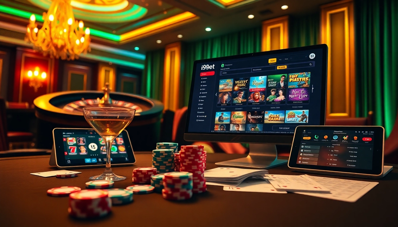 i9bet online gambling scene with poker chips, cards, and roulette wheel in an elegant setting.