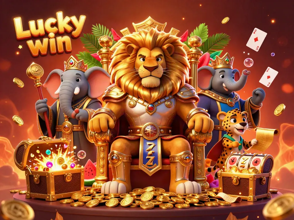 Engage with the vibrant Lucky win scene featuring a lion king, wise elephant, and cheetah amidst slot elements and treasures.