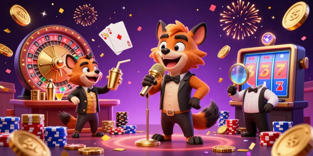 Engaging scene with animated hyenas in a casino, featuring a slot machine, showing the excitement of playing slots.
