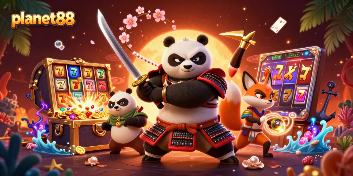 Experience thrilling fun with planet88, as a samurai panda and ninja fox discover slot jackpots amidst magical treasures.