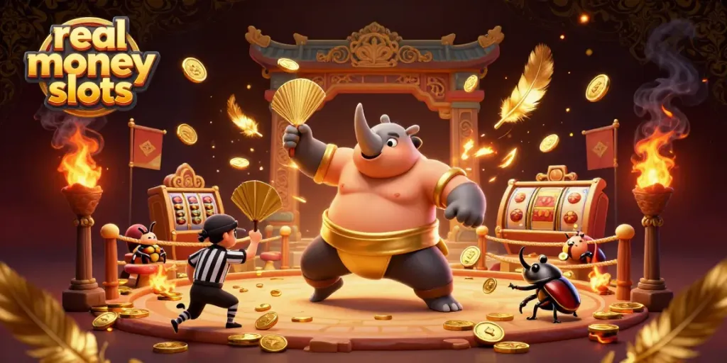 Experience thrilling action in real money slots with a sumo beetle champion and dynamic arena.