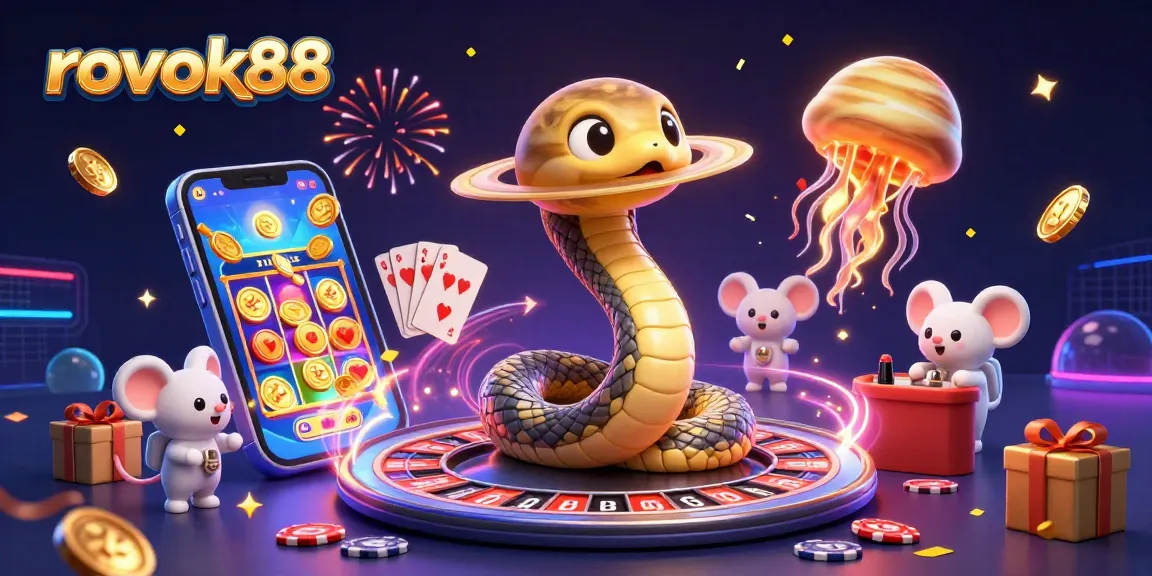 Engage with ROKOK88's vibrant casino universe featuring cosmic gambling elements and playful characters.