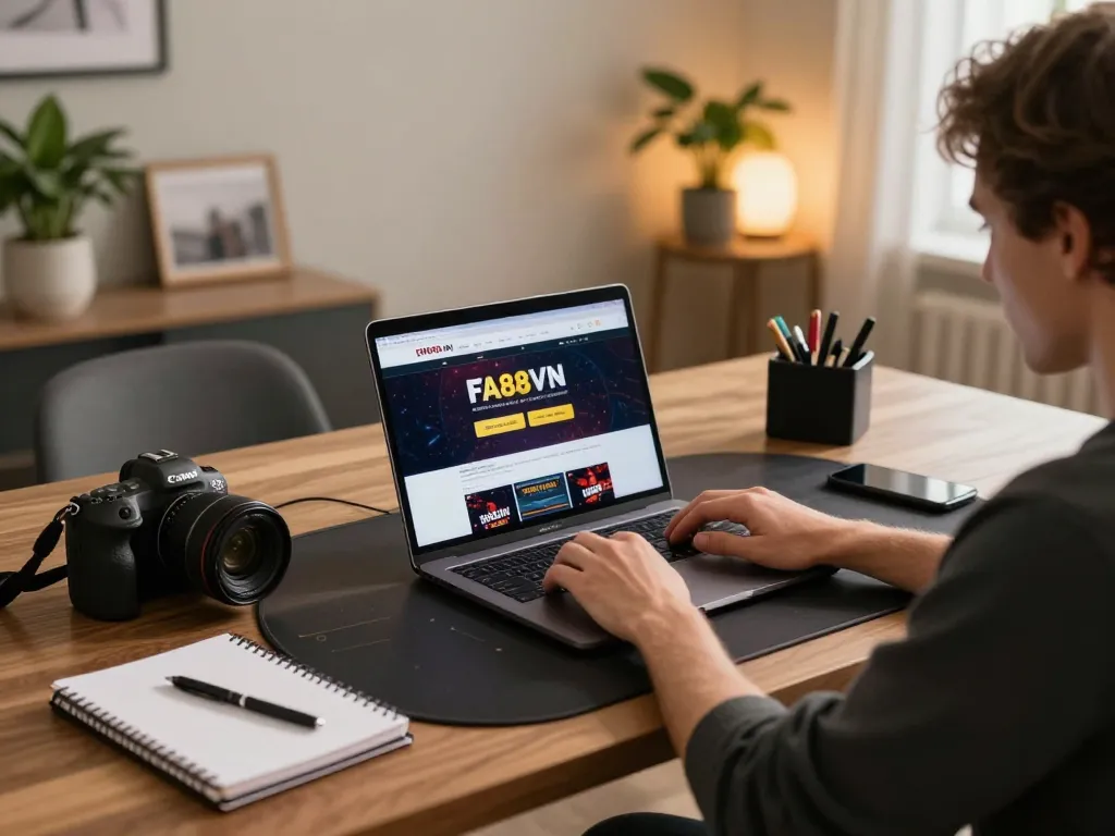 Engaged user playing FA88VN casino games on a laptop in a cozy home environment.