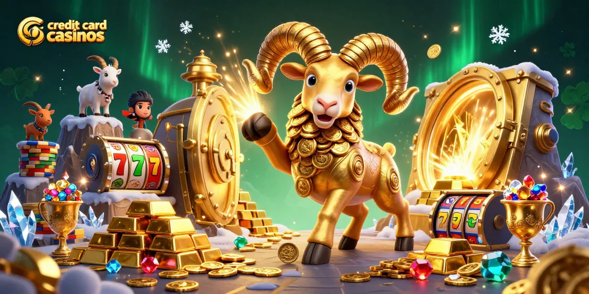 Experience thrilling action at credit card casinos with a dynamic scene of a golden ram charging through a lavish treasure vault.