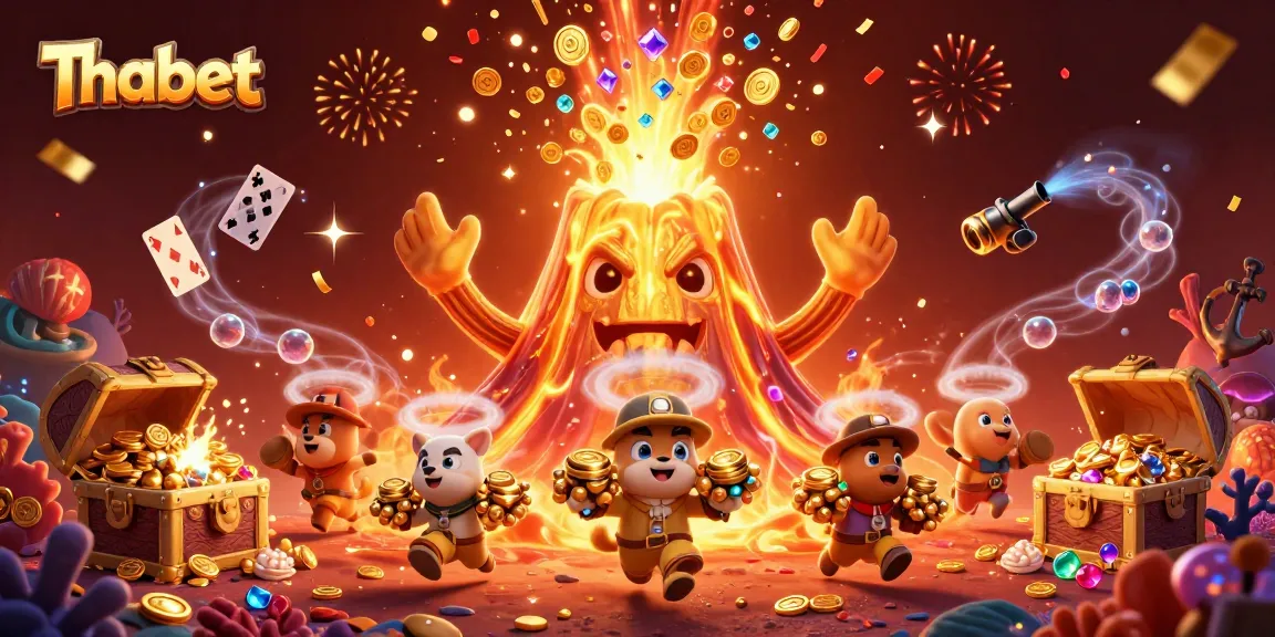 Experience thrilling wins at Thabet with 3D casino volcano erupting treasure in this vibrant scene!