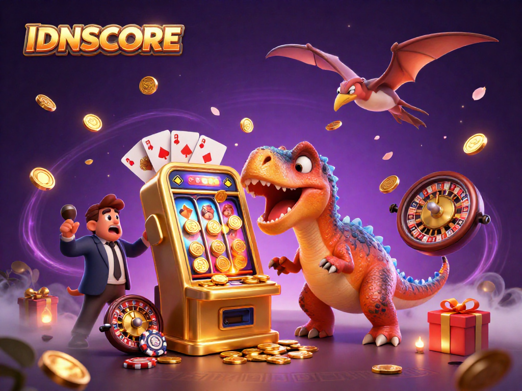Experience the excitement at IDNSCORE with a cartoon dinosaur celebrating jackpot wins in a vibrant casino.