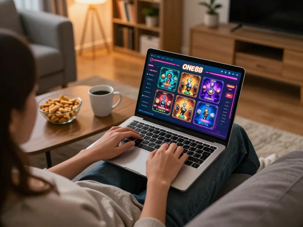 Person enjoying online gaming at one88 casino with laptop, snacks, and warm lighting.
