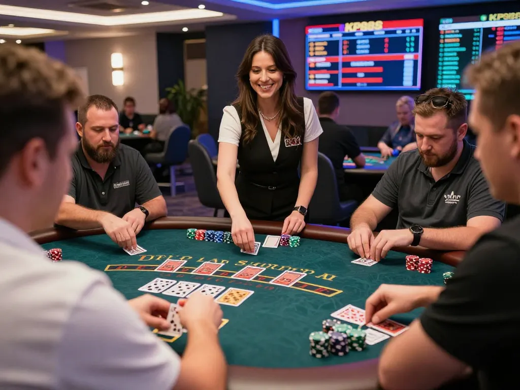 Experience live blackjack action at kp88s with dealers shuffling cards and players placing bets in an engaging casino setting