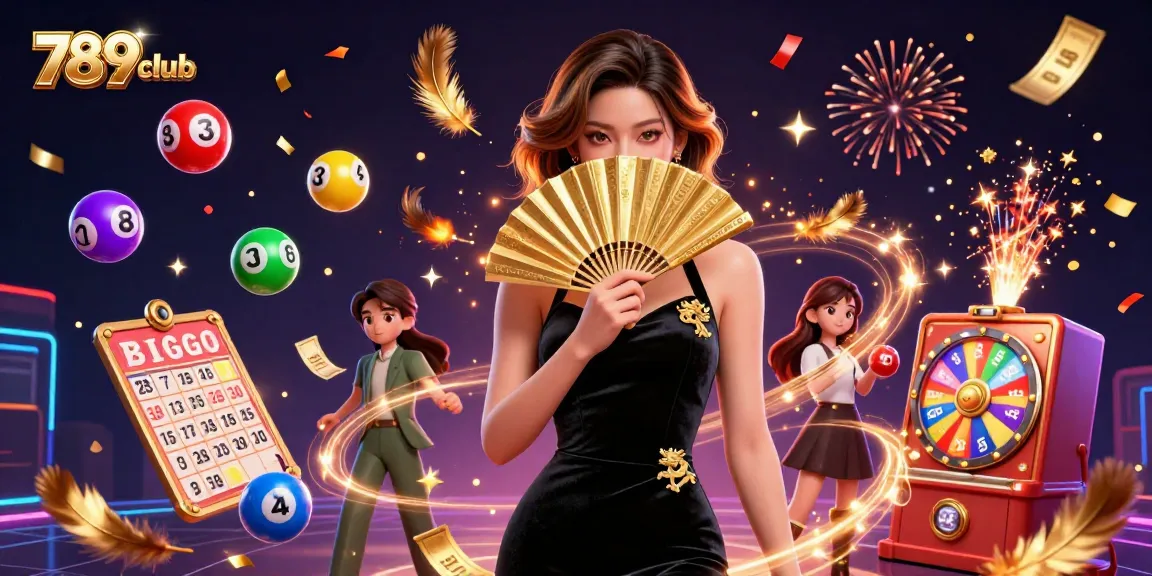 Experience the thrill of 789club with lottery balls, bingo cards, and vibrant casino elements in a dynamic illustration.