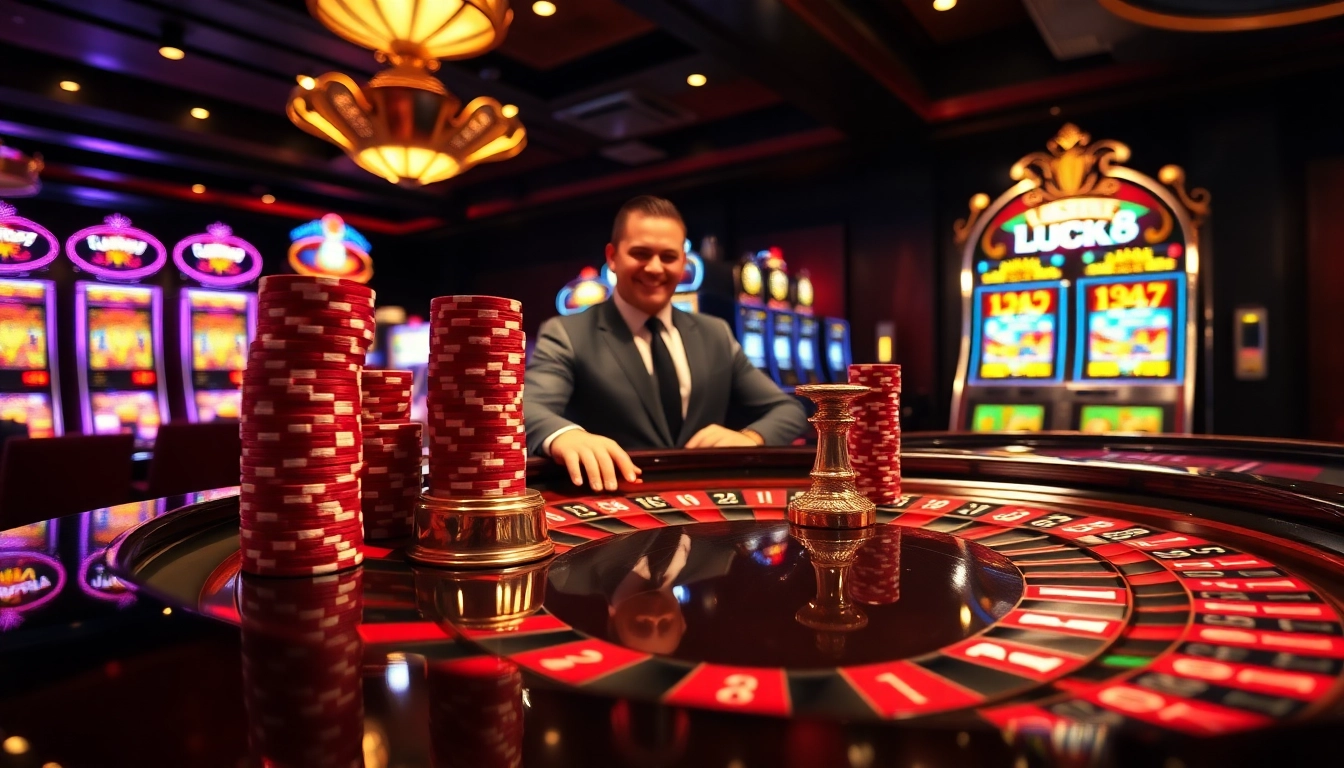 Experience thrilling gameplay at LUCK8 with vibrant roulette wheels and elegant casino ambiance.