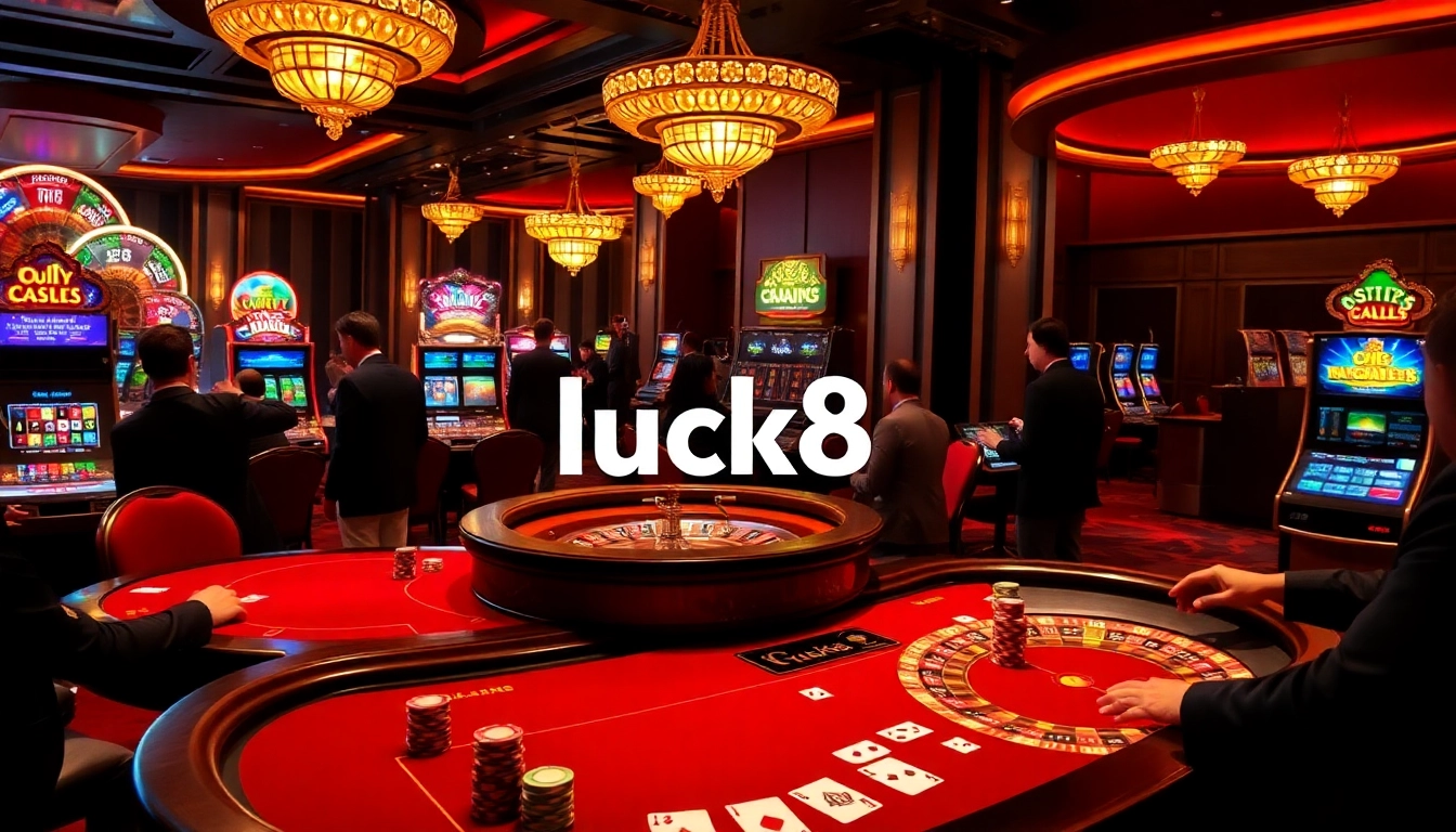 Experience high-stakes gaming at Luck8's luxurious casino with poker chips, cards, and roulette wheels.