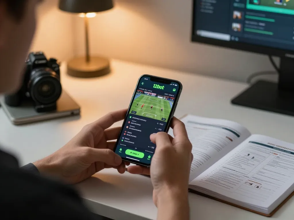 Người chơi đặt cược trên ứng dụng 12bet trong một không gian hiện đại, nhấn mạnh trò chơi thể thao di động.