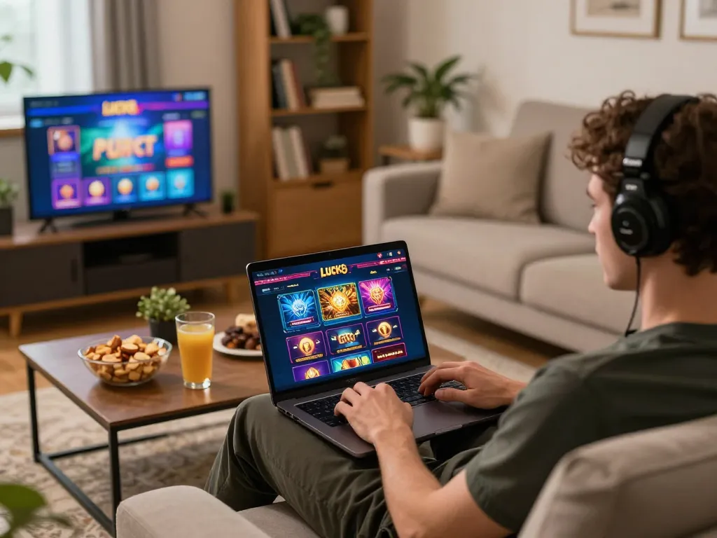 Engaging in online gaming on luck8, showcasing a cozy home setup with laptop screen displaying casino interface.