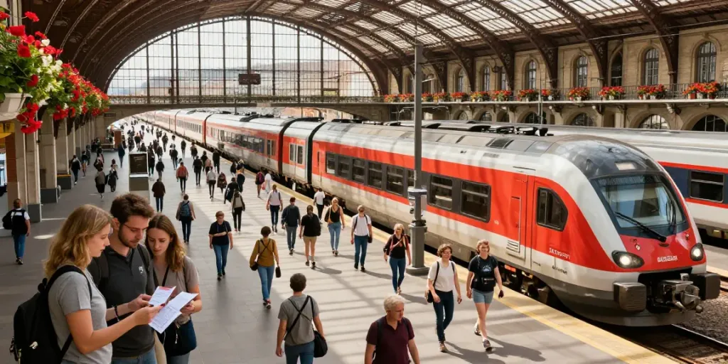 Compare train ticket prices for your European adventure in this lively train station scene.