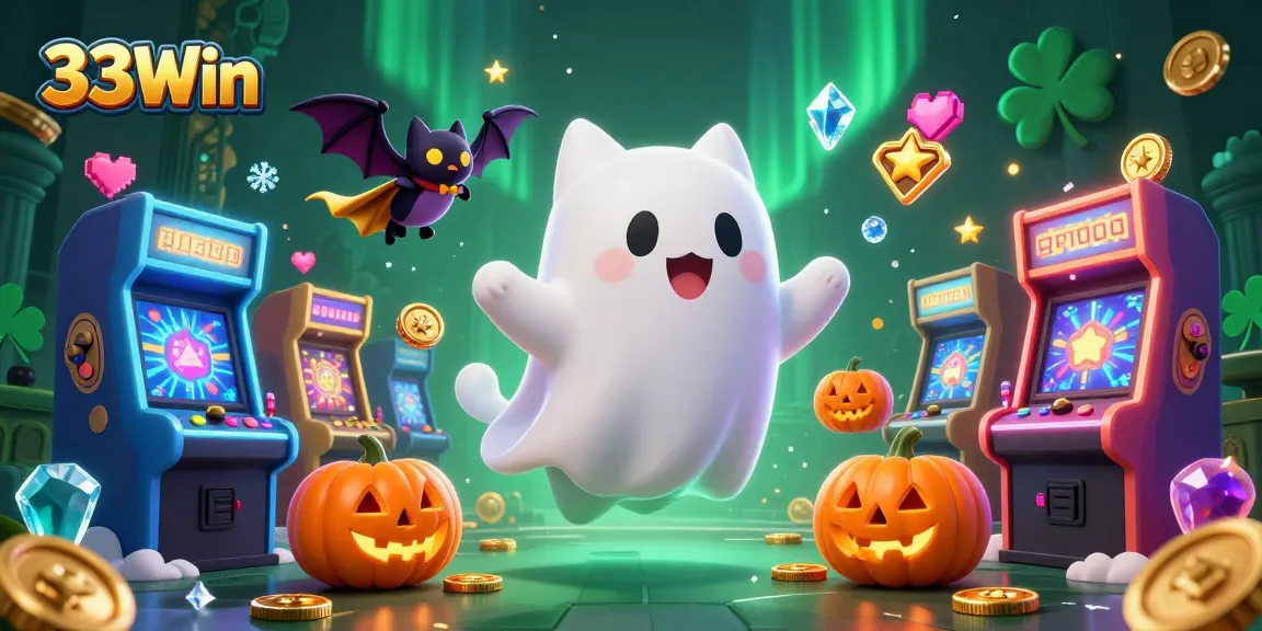 Experience thrilling casino adventures with 33Win featuring ghost cat and vampire bat in a vibrant gaming scene.