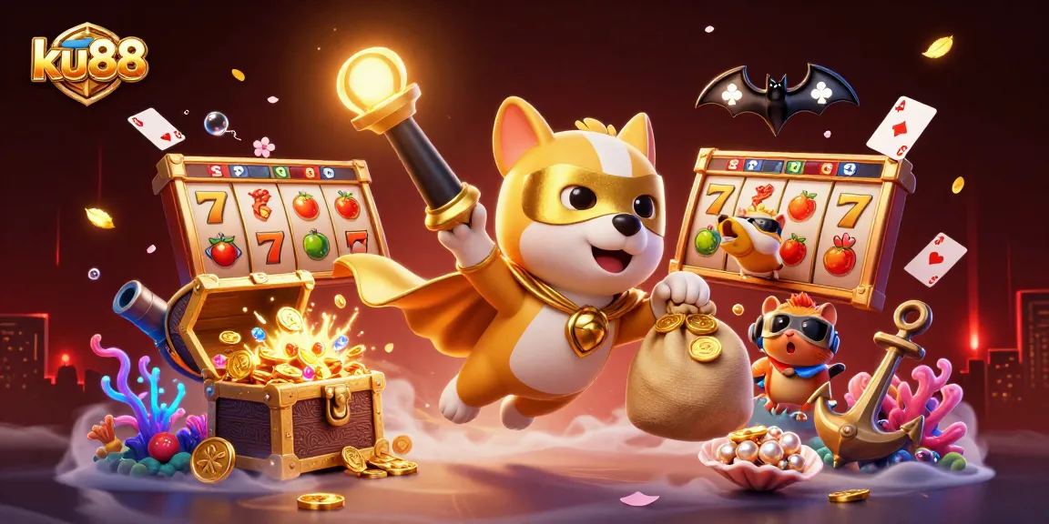Spin the reels and win gold with ku88, as a superhero dog soars amid casino treasures.