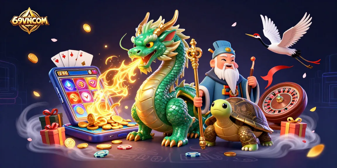 Experience the thrill of winning at 69VNCOM with vibrant casino scenes filled with dragons and luck.