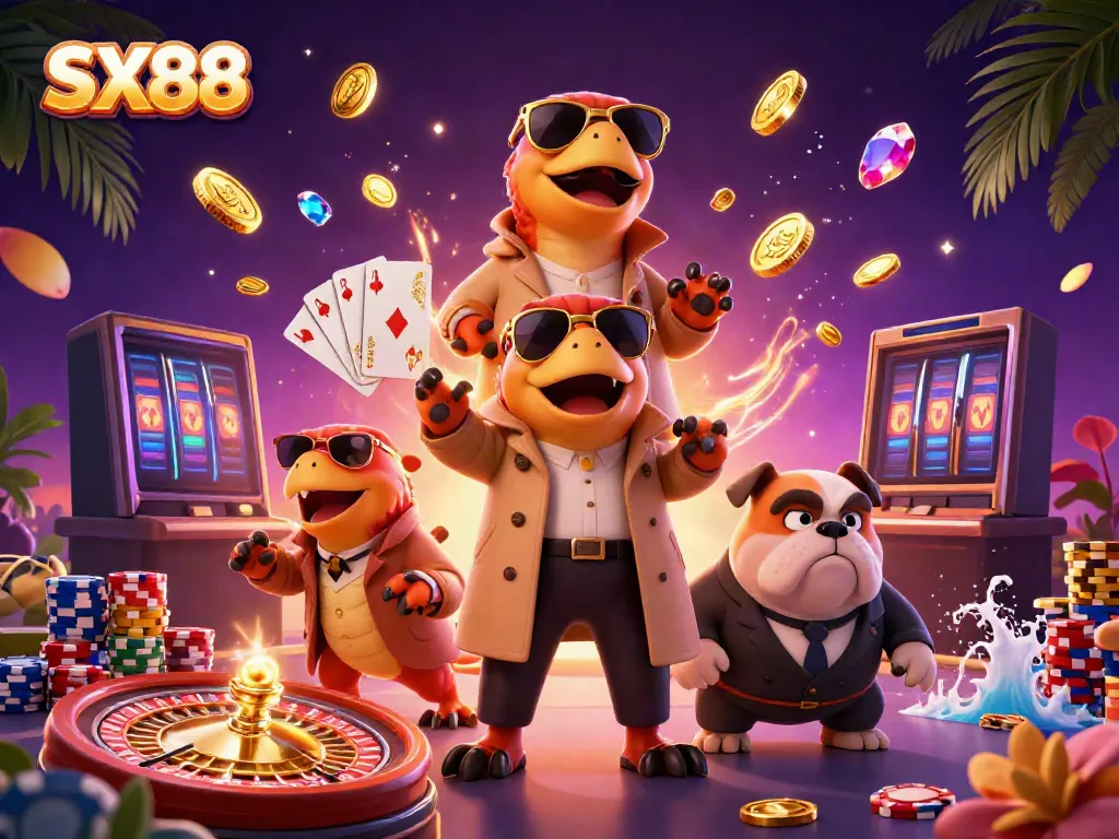 Engage in thrilling gameplay at SX88 with raptors and casino elements in a vibrant illustration.