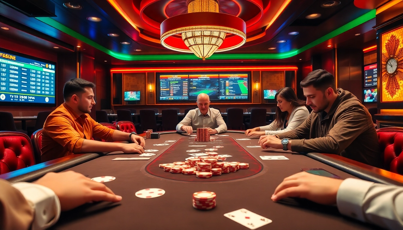 Exciting poker game at f168 com casino with vibrant chips and players in action
