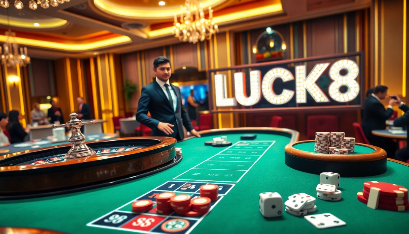 Experience the excitement of LUCK 8 at a luxurious casino with roulette and poker games.