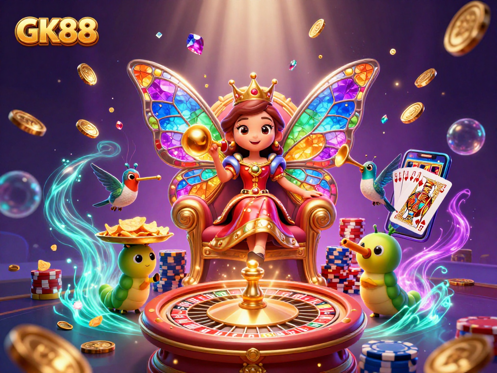Experience GK88 with a vibrant scene of gaming excitement featuring coins, cards, and a butterfly queen.