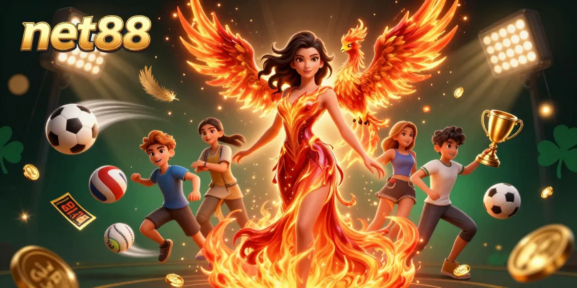 Bet on net88 with excitement, featuring a dazzling Asian woman amidst dynamic sports elements and magical effects.