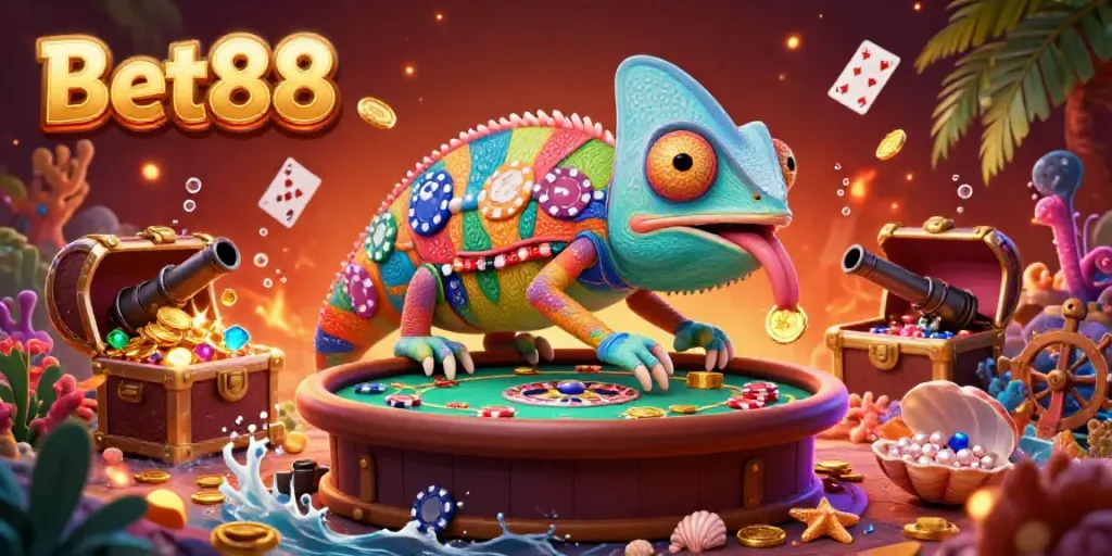 Bet88 casino chameleon captivating players with vibrant underwater treasures and 3D casino elements.