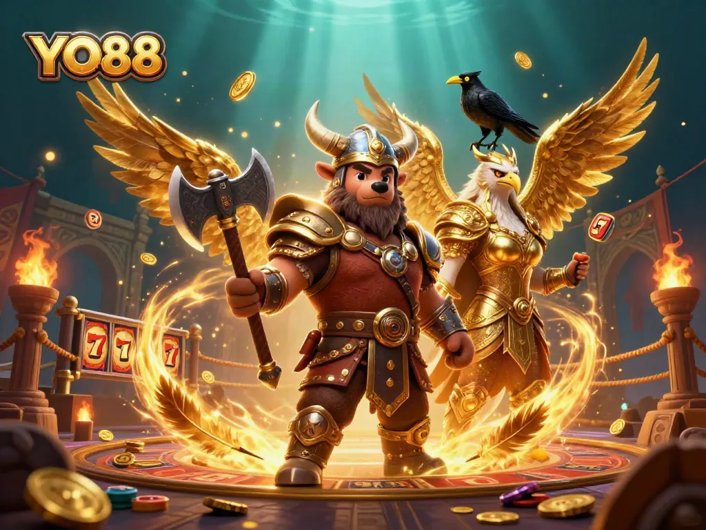 Experience thrilling action with YO88's Viking bear and Valkyrie eagle amidst dynamic casino symbols.
