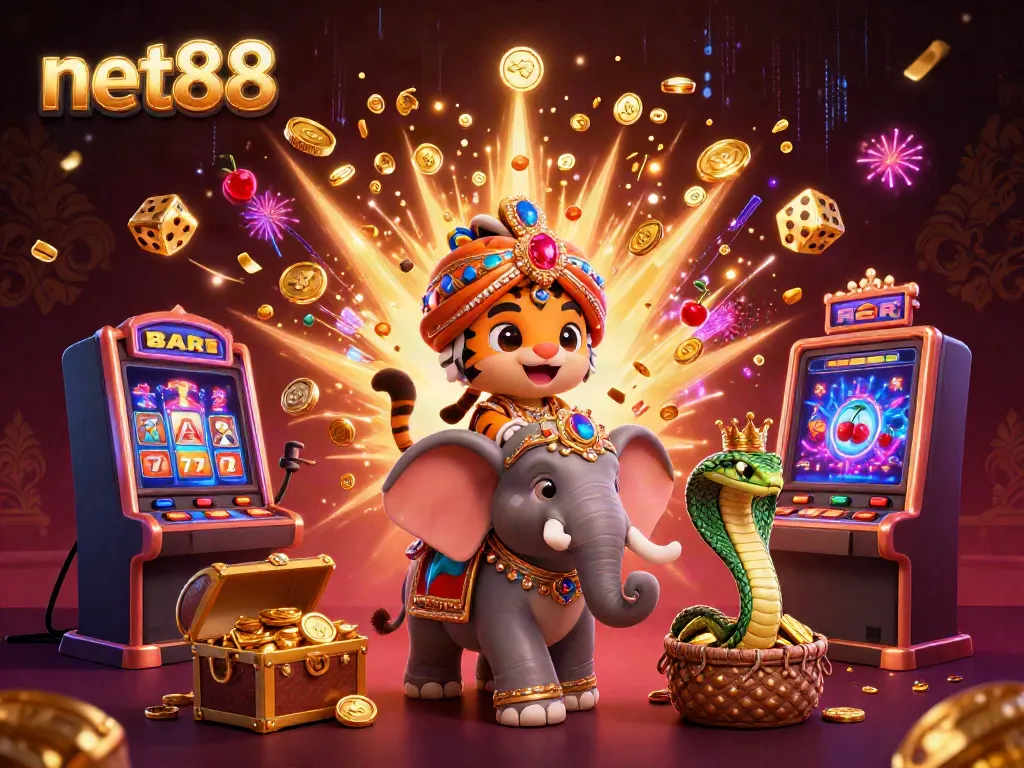 Experience the thrill of net88 with a vibrant scene of a majestic tiger and its companions in a dazzling casino atmosphere.
