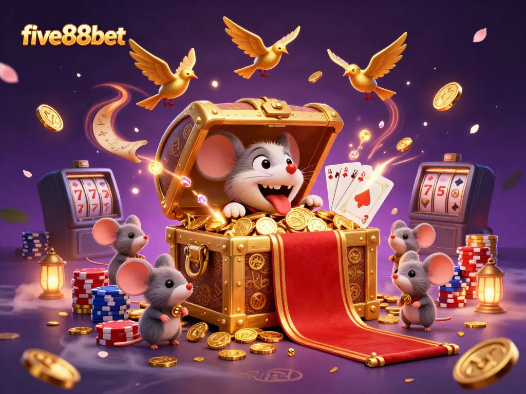 Engage with five88bet's vibrant casino world, featuring a captivating treasure chest and dynamic game elements.