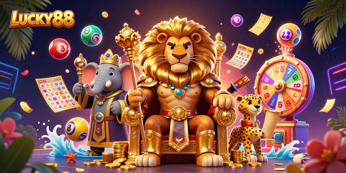 Experience LUCKY88's vibrant casino atmosphere with a dynamic illustration of a lion king and allies.