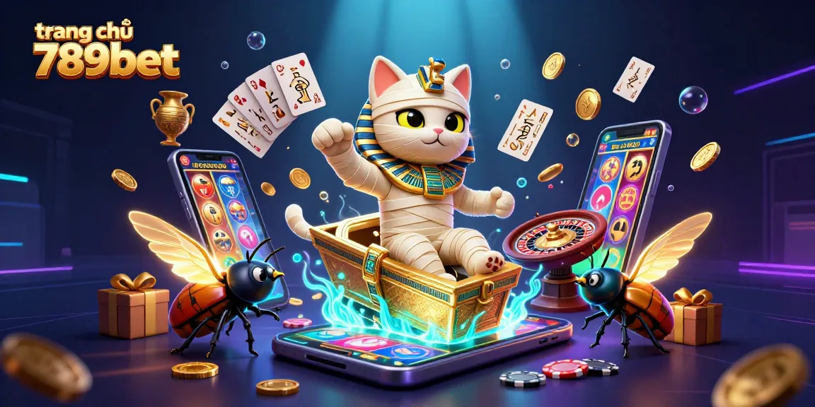 Engaging scene showcasing the trang chủ 789bet with a vibrant 3D cartoon Egyptian mummy cat and casino games bursting with excitement.