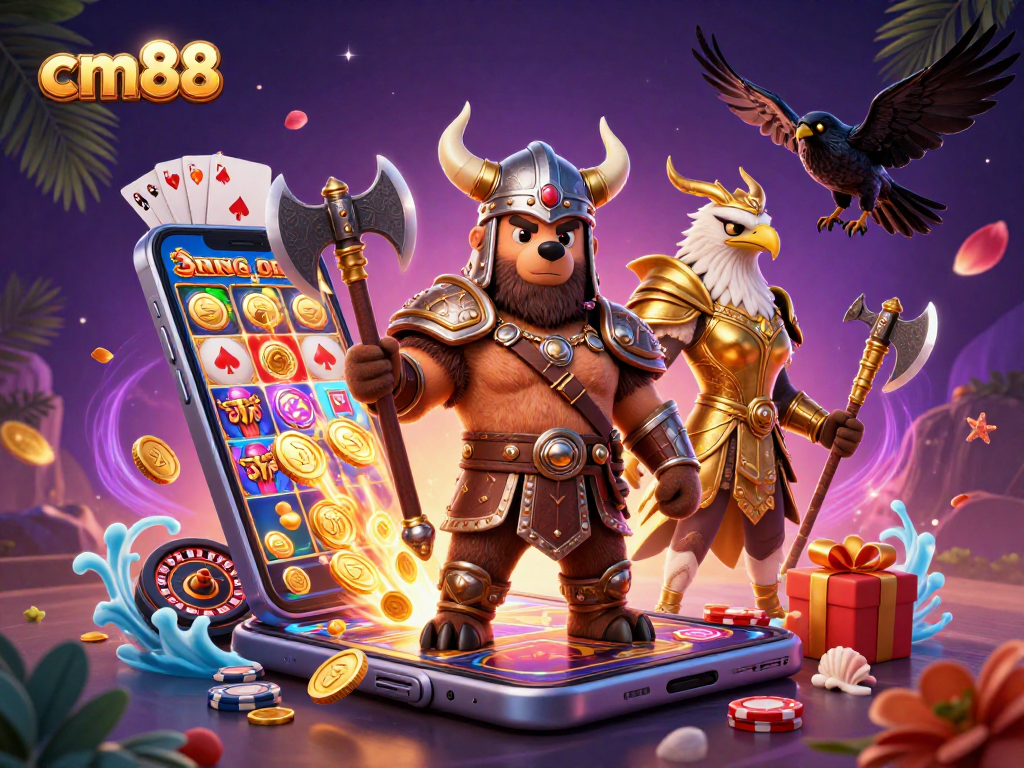 cm88 engages players with a vibrant 3D casino scene packed with colorful slot games, coins, and card actions.