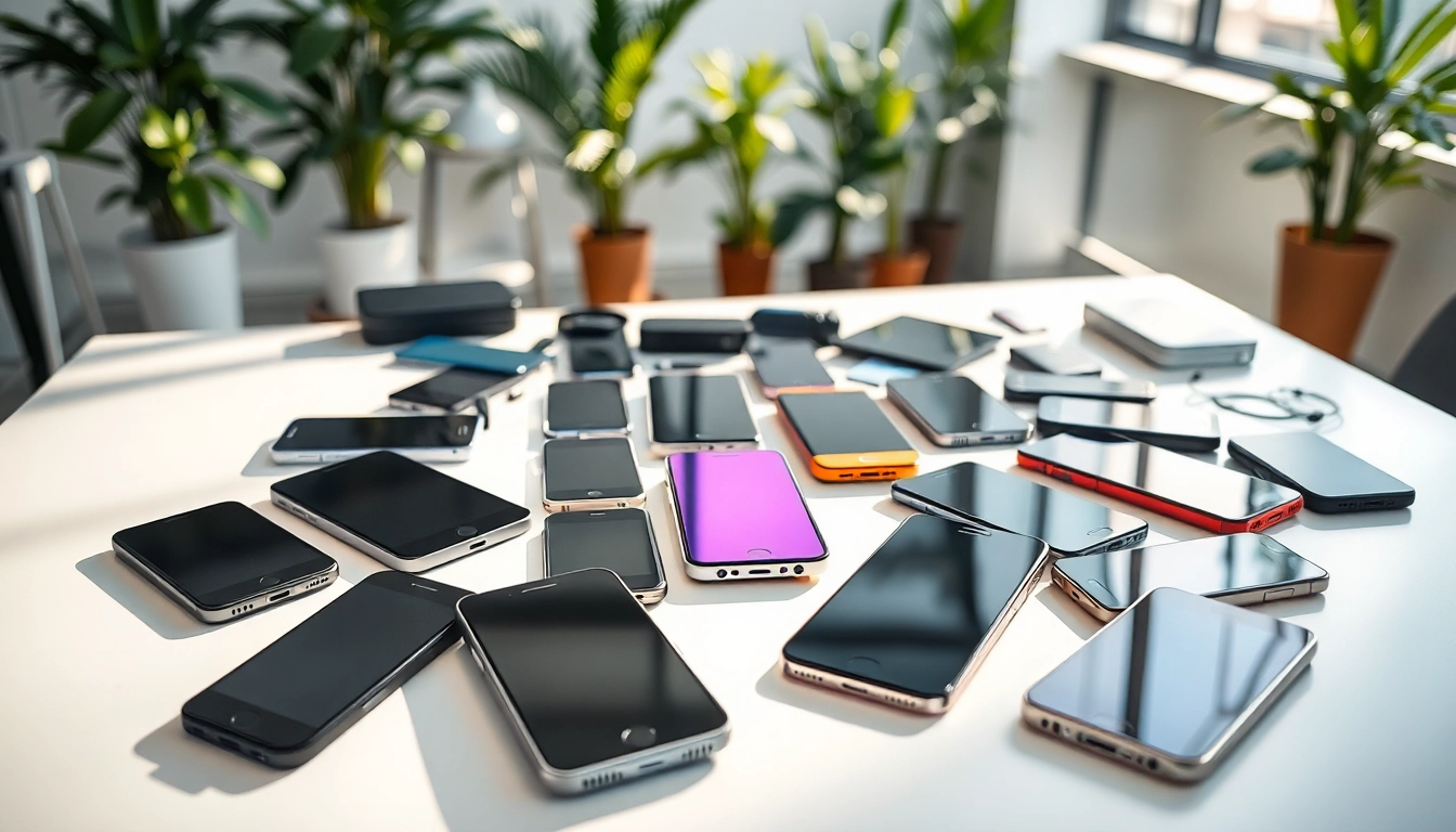 Cash For Used Phones: Showcase of multiple used smartphones ready for recycling in a professional setting.
