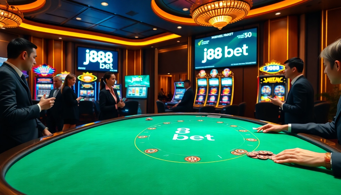 Experience thrilling gameplay at j88 bet casino tables with vibrant cards and chips.