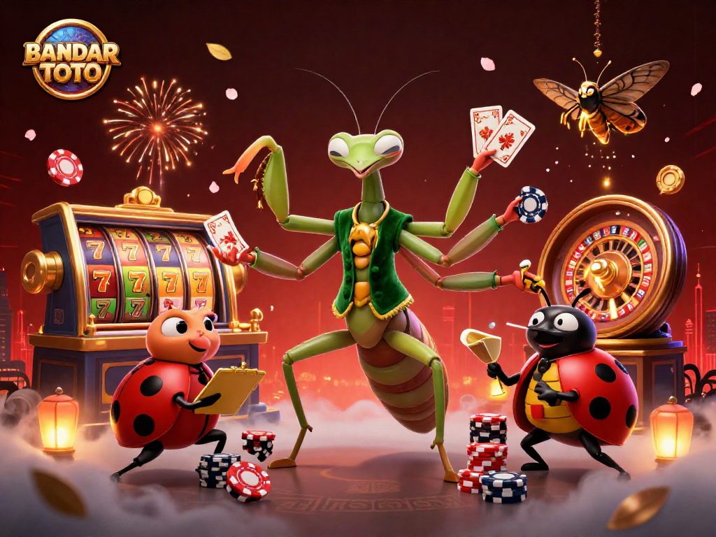 BANDAR TOTO's lively scene features a unique praying mantis card sharp and ladybug pit boss engaging players with dynamic casino elements.