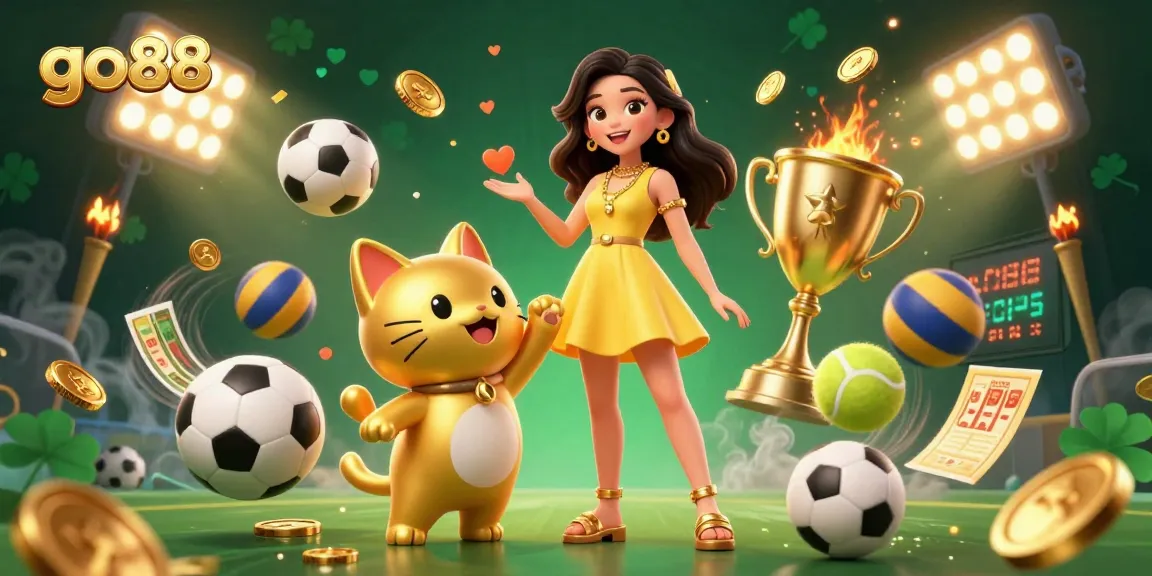 Engage with go88's vibrant casino world featuring a joyful woman and lucky cat amidst dynamic sports betting elements.