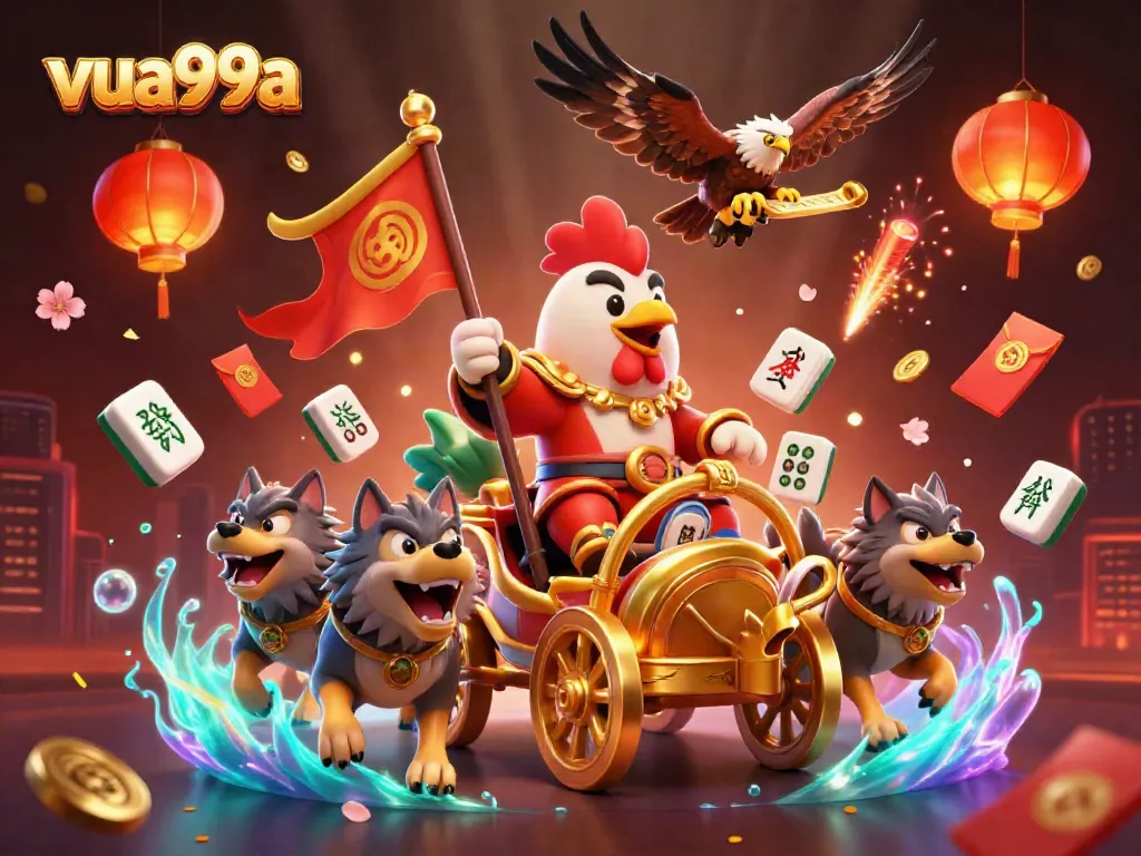 Engage with thrilling experiences at vua99a, featuring a majestic rooster warlord in a vibrant casino scene of fortune and excitement.