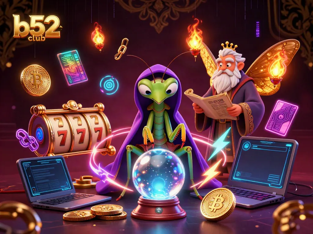 Experience the thrill of b52 club with animated fortune tellers and gaming symbols.