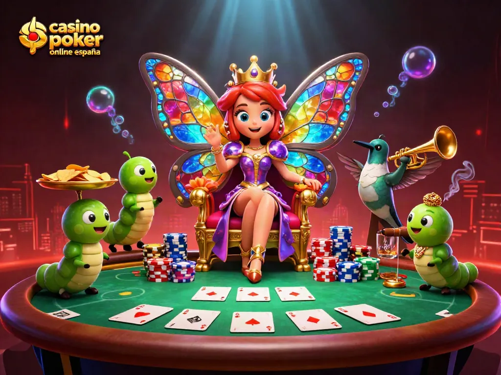 Juego de póker emocionante en casino póker online España con reina mariposa y fichas doradas.