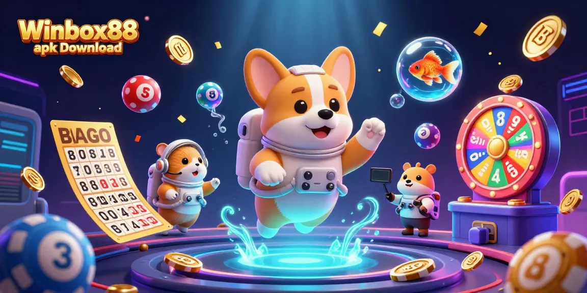 Experience Winbox88 apk download with a playful corgi in a space casino, surrounded by colorful game elements