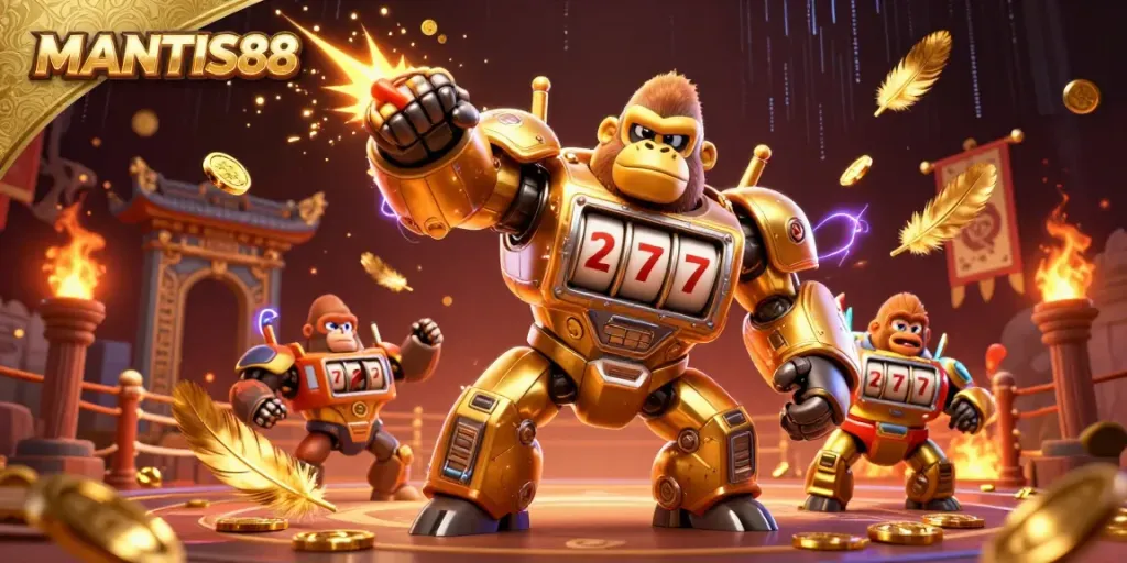 MANTIS88 showcases an explosive 3D scene with a golden gorilla mech, ornate elements and vibrant betting symbols.