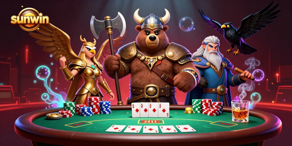 Join the excitement at sunwin with a 3D Viking bear and Valkyrie, amidst vibrant casino action.