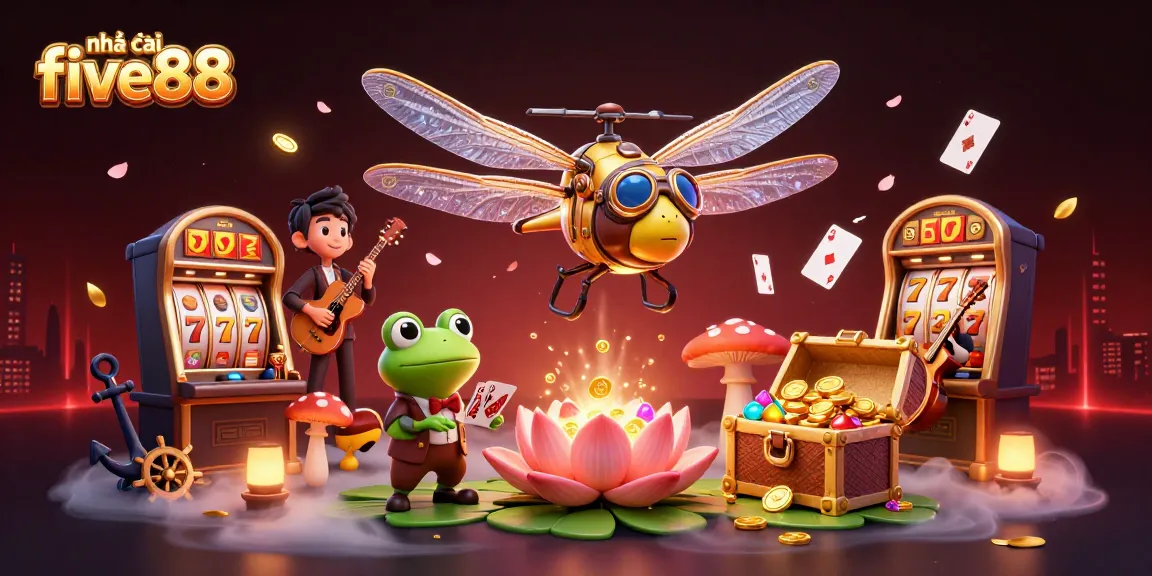 Engage with nhà cái five88 in a vibrant casino scene featuring a dragonfly pilot and a frog dealer.