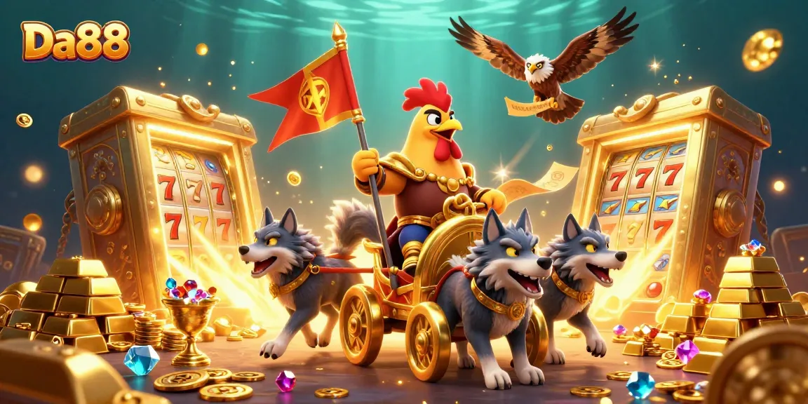 Win big with Da88 at our vibrant casino featuring a rooster warlord and golden treasures