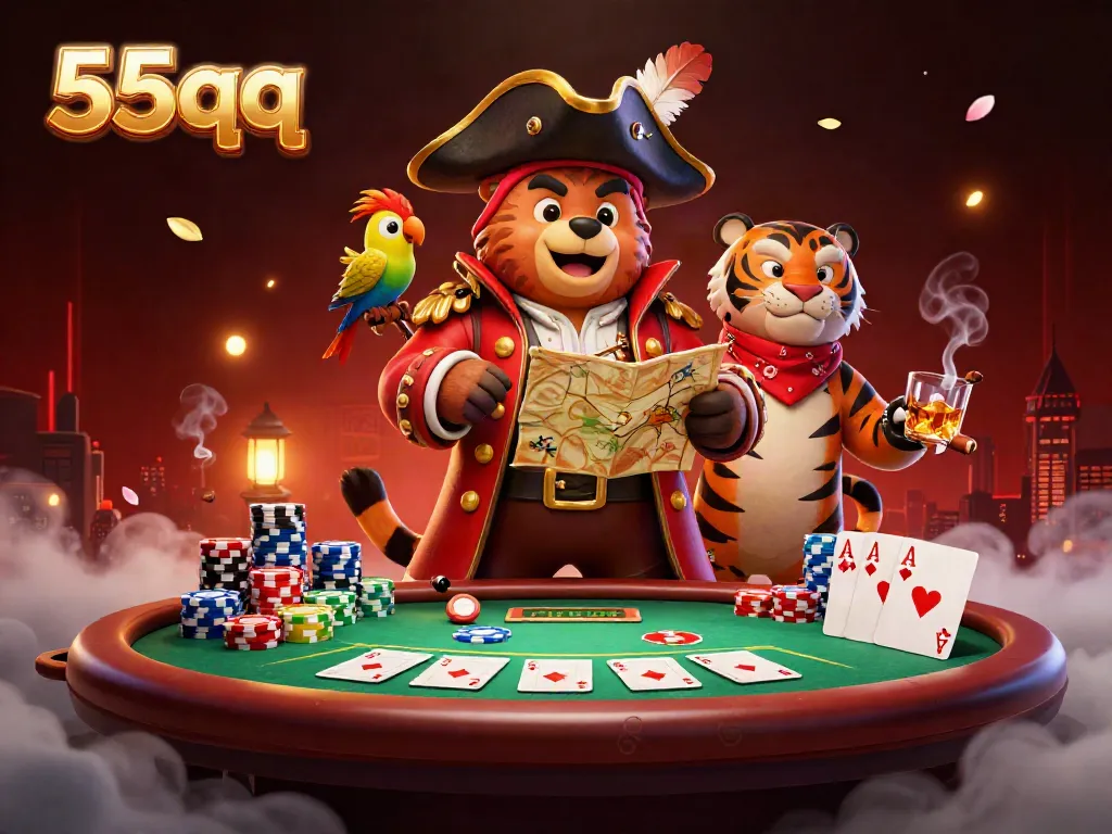 Engage in thrilling gameplay at 55qq with a colorful poker scene featuring charismatic characters.